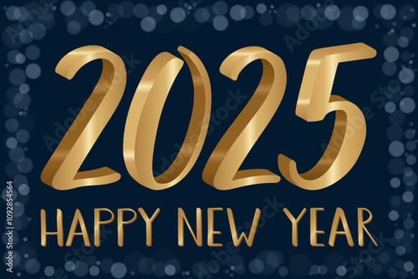 Fototapeta Golden 3D numbers 2025 with sparkling highlights and handwritten Happy New Year text. Dark blue background with a bokeh effect. Festive holiday design, seasonal greetings, and New Year's celebration.