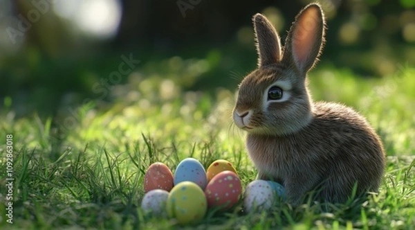 Obraz Cute Easter bunny with colorful eggs in the grass