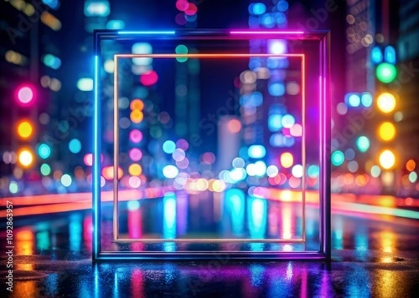 Fototapeta Vibrant Double Exposure Neon Frame Template for Light Banner Design, Featuring a Glowing Rectangle Signboard in an Urban Nightscape with Colorful Visual Effects