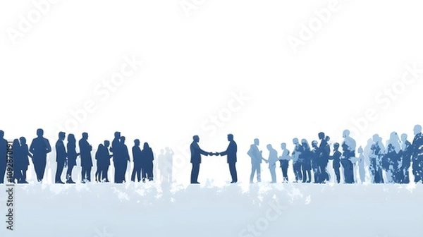 Fototapeta Silhouettes of business people shaking hands in the center, many silhouettes on a white background, vector illustration style, flat design
