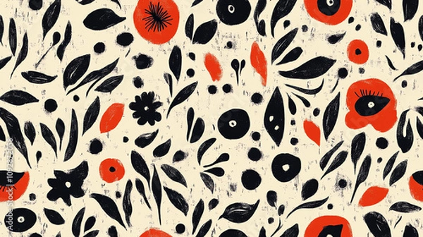 Fototapeta Black floral seamless pattern with coral accents
