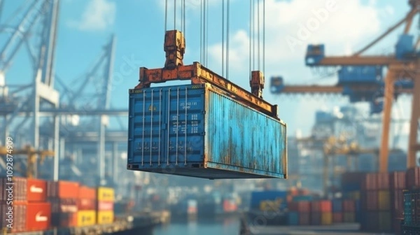 Fototapeta Container being lifting by terminal crane under blue sky