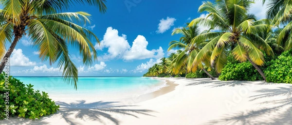 Fototapeta A panoramic view of a tropical beach lined with palm trees, pristine white sand, turquoise waters and lush greenery.