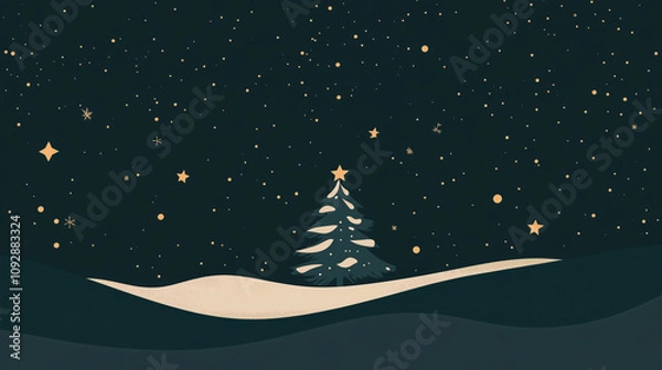 Fototapeta minimalist design with dark green background, silhouette of snow-covered Christmas tree in the middle, decorated with small stars and gold confetti around, christmas banner design, Ai generated images