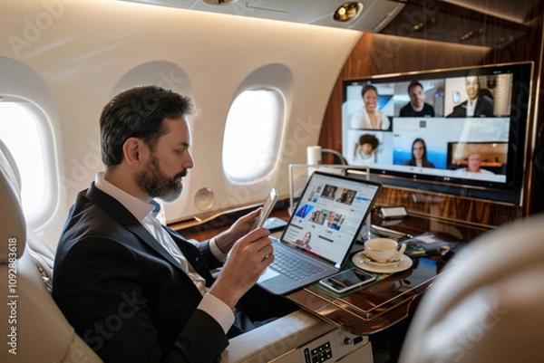 Fototapeta Freelancer working on a tablet during a flight, seated comfortably in an airplane’s business class