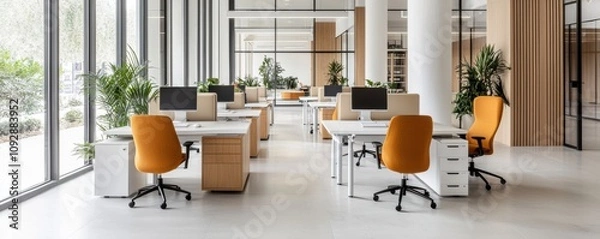 Fototapeta Innovative office design urban location workspace overview sustainable environment modern viewpoint eco-conscious concept