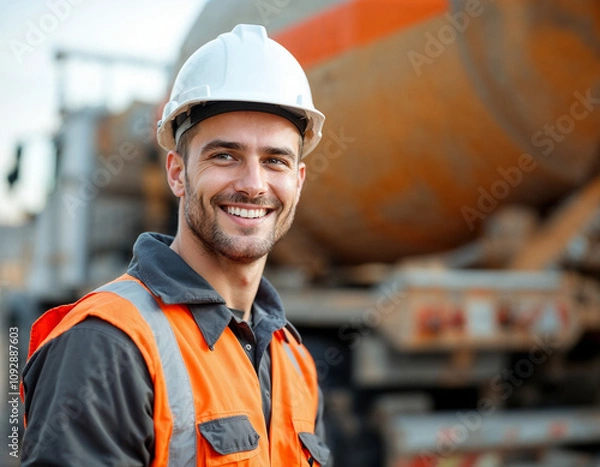 Obraz Portrait happy worker of concrete factory, young man in uniform with hard hat on background cement mixer truck.