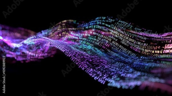 Fototapeta Technological Elegance: 3D Render of Colorful Binary Code Cascade in a Digital Landscape Representing Large Language Models