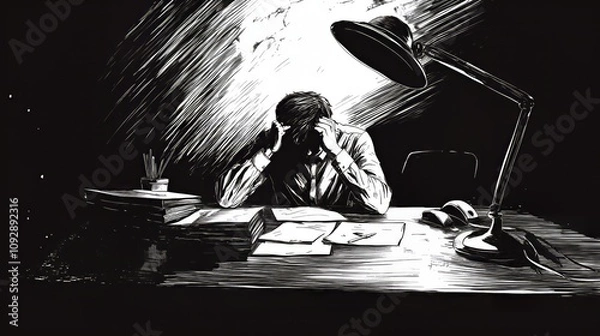 Fototapeta depressed office worker, black and white ink comic style - Generative AI