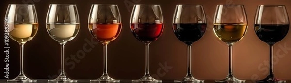 Obraz A lineup of wine glasses showcasing different wine varieties, highlighting the vibrant colors and elegance of each drink.