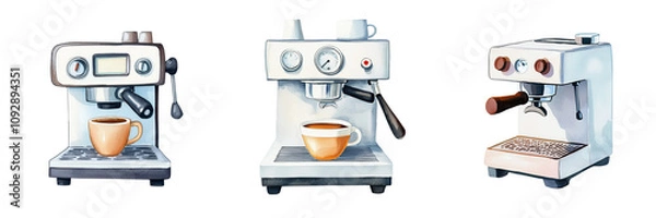 Fototapeta Three stylish espresso machines arranged in a row, each with a coffee cup underneath, showcasing modern design and functionality.