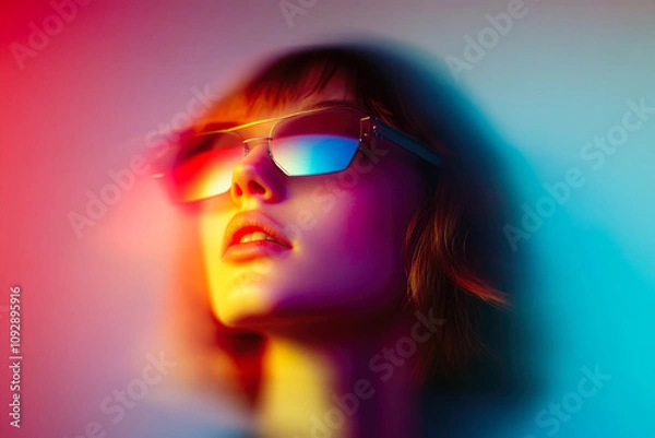 Fototapeta A retro-futuristic person in bright shades and colorful surroundings, embodying a blend of vintage and modern styles.
