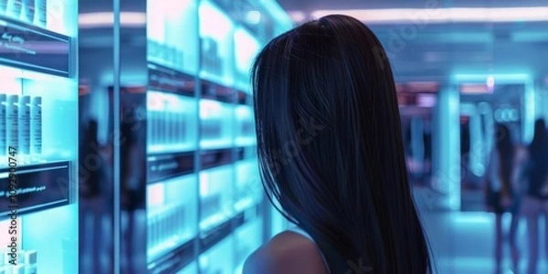 Fototapeta A person gazes at illuminated shelves filled with products in a modern, sleek environment.