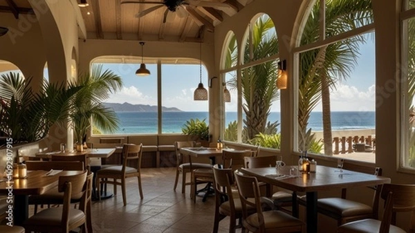 Obraz Here's a  and keyword list for your stock photo.. Sunlit ocean view restaurant interior with tables and chairs.