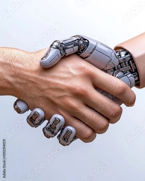 Fototapeta Human Handshake with Robotic Hand AI Future Technology Partnership
