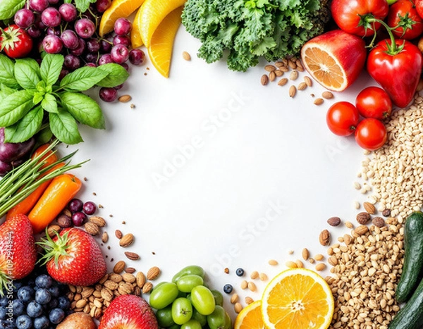 Obraz egan high dietary fibre and immune boosting health food with fruit, vegetables, whole wheat pasta, legumes, cereals, nuts and seeds with foods high in omega 3, antioxidants, anthocyanins, vitamins.
