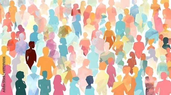 Fototapeta Abstract colorful crowd of people silhouettes, diverse and varied, many figures, walking, standing together, various ages and gender, vibrant pastel shades.