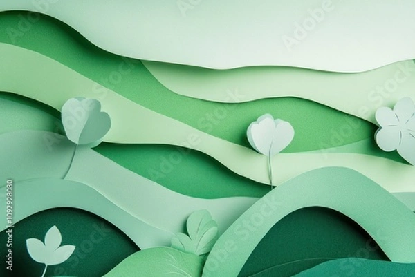 Fototapeta spring background with flowers in the style of paper-cut, smooth green palette