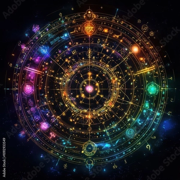 Obraz horoscope calendar with vibrant astrological symbols placed next to a cup of herbal tea and a crystal sphere