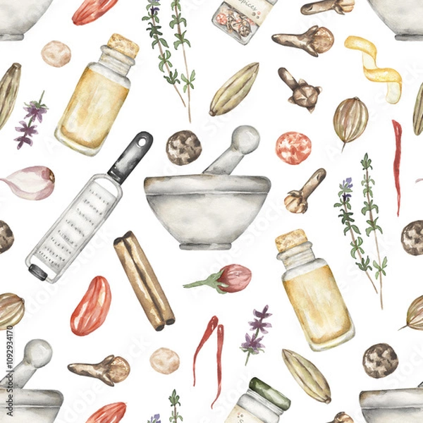 Fototapeta Watercolor hand drawn kitchen utensils and spices seamless pattern, food repeat textile paper