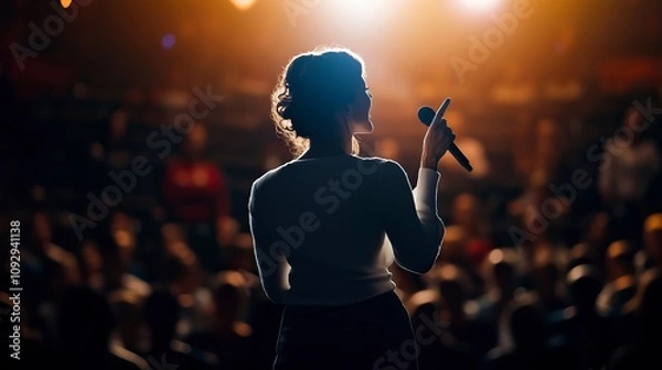 Obraz Exited woman motivational speaker on stage