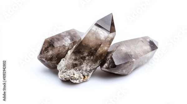 Fototapeta Smoky quartz crystals cluster, showcasing their unique formations and earthy tones against a stark white background.