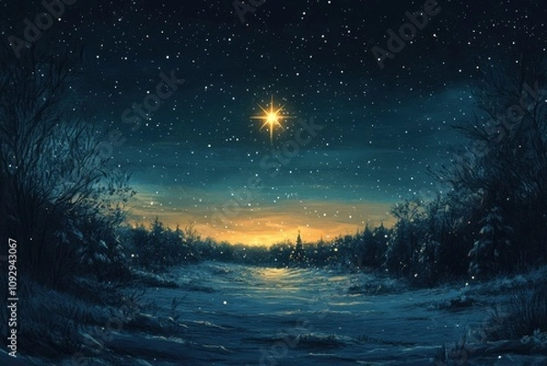 Fototapeta holiday spirit, the christmas star, a celestial beacon in the winter sky, shines to illuminate the darkness and inspire hope