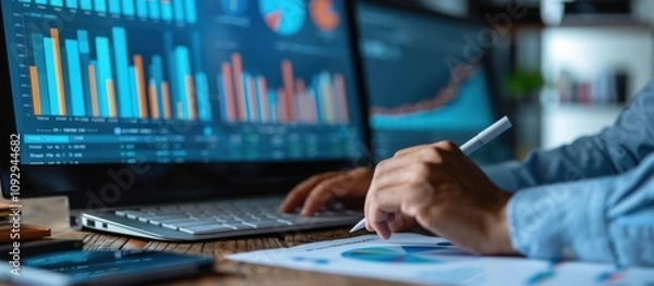 Fototapeta Businesswoman in a yellow jacket working with financial data and numbers on a table.