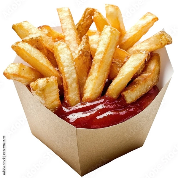 Obraz Crispy potato French Fries served with ketchup tomato sauce in a brown paper container.