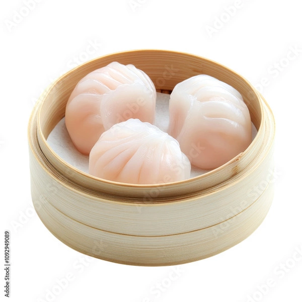 Obraz Delicious shrimp dim sum dumplings in a bamboo steamer for celebrate on Chinese New Year party, PNG, isolated on white background.