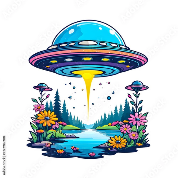 Obraz illustration of UFO near river surrounded by colorful flowers.	