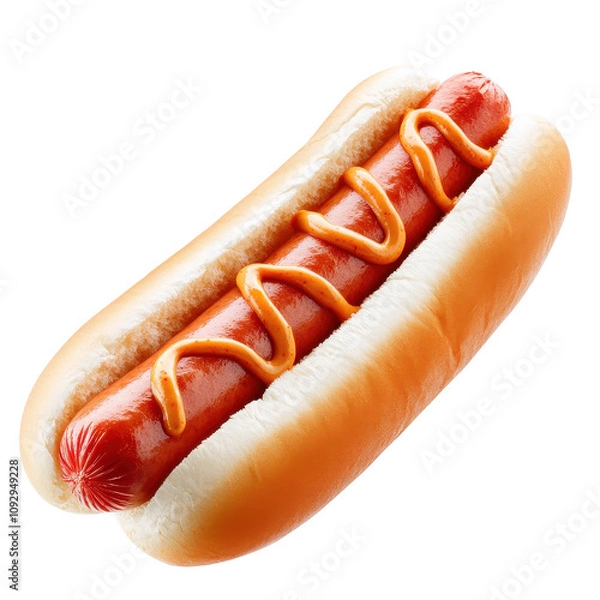 Obraz Delicious hot dog pork sausage with mustard and cheese sauce on top.