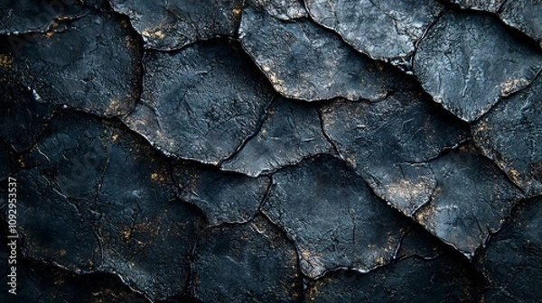 Obraz This image features a dark textured surface with prominent cracks and shiny gold highlights, creating a striking contrast that captivates and conveys a sense of elegance and mystery.