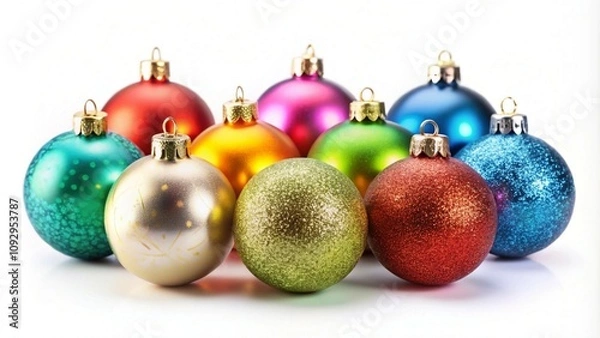 Fototapeta Colorful Assorted Christmas Baubles on White Background - Ideal for Festive Holiday Designs.