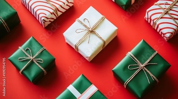 Fototapeta Christmas presents lying on red background with string bow