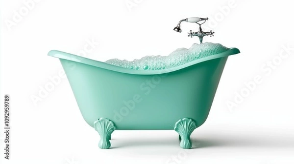 Fototapeta bathtub cleaning sparkle concept, A vintage-style teal bathtub filled with bubbles, featuring ornate legs and a classic faucet, perfect for a relaxing soak.