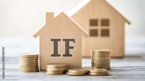 Fototapeta Concept of house and property tax. Interest on property, debt payment, property tax, mortgage. Stack of coins with wooden blocks with symbol of interest on house background 