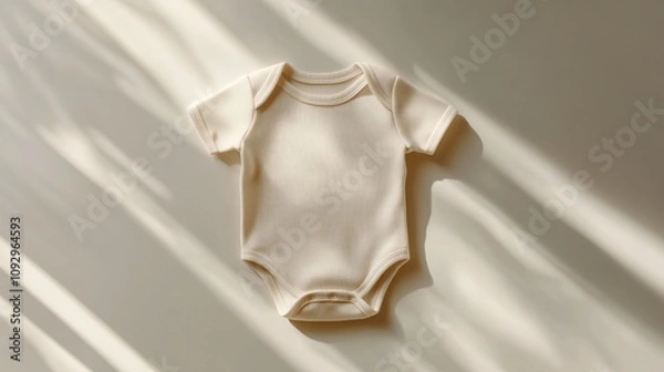 Fototapeta Soft beige baby onesie mock up laying on a light-colored surface with gentle shadows. Generative AI
