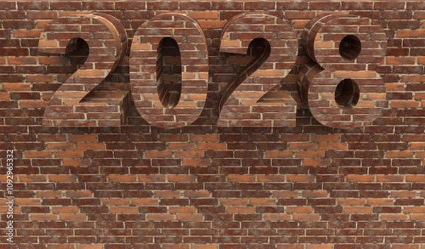 Fototapeta Brick New Year 2028 set on a stone wall in front. Post idea for a construction company. 3d rendering