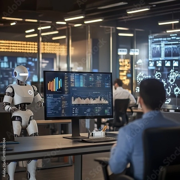 Fototapeta AI Robot Working in an Office with Human Employees and Digital Data Displays. AI generated illustration