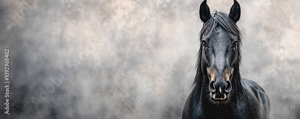 Obraz Dramatic close-up portrait of black stallion horse head against misty gray background. Powerful equine with alert expression and striking dark features in moody atmospheric setting. 8k banner