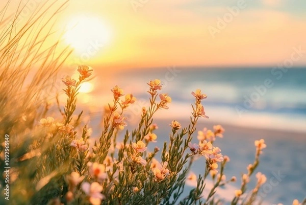 Fototapeta Sunset at the Beach with Blooming Sagebrush Flowers and Dunes Overlooking the California Coast. AI generated illustration