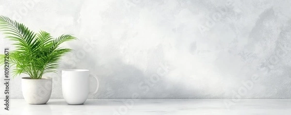 Obraz Minimalist white desktop scene with coffee mug and palm plant against textured wall. Clean modern workspace with copy space showcasing biophilic design elements. 8k banner