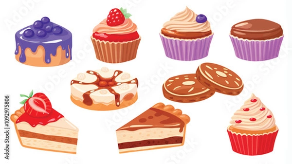 Obraz Set of different cakes and cupcakes. Vector illustration in cartoon style.