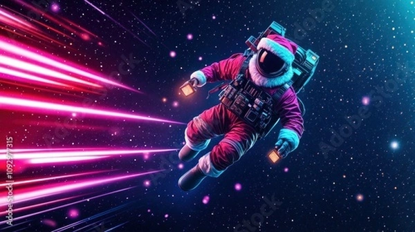 Fototapeta Santa astronaut in outer space carrying futuristic lights, glowing stars, and holiday vibes

