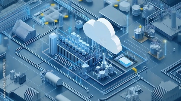 Fototapeta Factory utilizing cloud computing services to manage manufacturing operations 