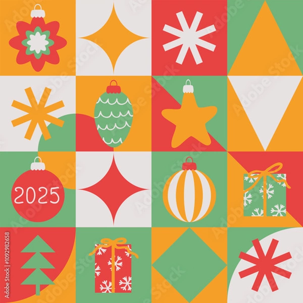 Fototapeta Retro New year 2025 geometric pattern. Christmas background for banner, flyer, label, postcard, sale. Minimal style vector illustration.