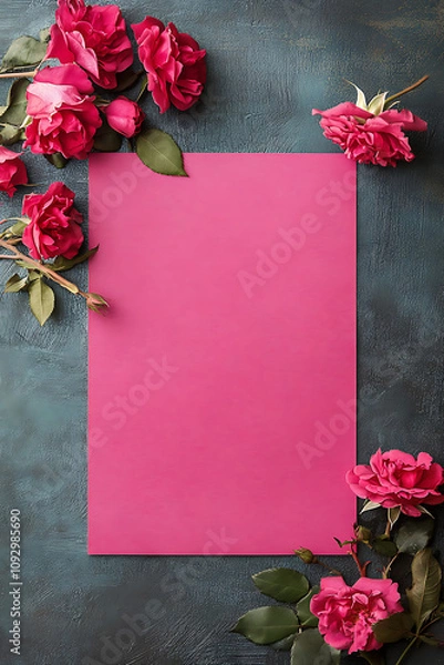 Fototapeta Pink paper with beautiful roses for a romantic aesthetic. A flat lay featuring a sheet of vibrant pink paper, surrounded by various red roses, some fresh and some wilted. 