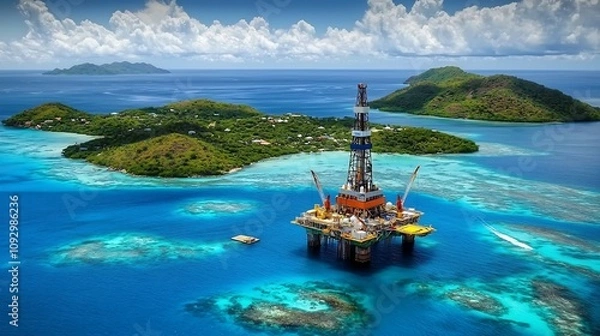 Fototapeta Dramatic aerial view of a large offshore oil drilling platform surrounded by calm turquoise blue waters and lush tropical islands in the distance