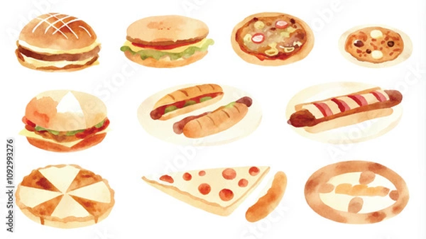 Fototapeta watercolor fast food set of hamburger, hot dog and pizza